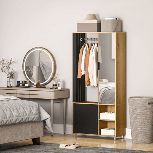 HOMCOM Roupeiro com Espelho e Porta Barra para Pendurar 2 Compartimentos Abertos Estilo Moderno 80x30x170 cm Madeira e Preto