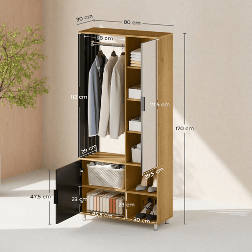 HOMCOM Roupeiro com Espelho e Porta Barra para Pendurar 2 Compartimentos Abertos Estilo Moderno 80x30x170 cm Madeira e Preto