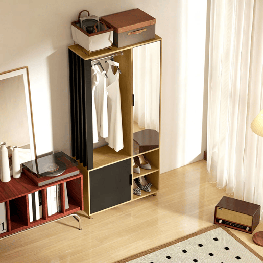 HOMCOM Roupeiro com Espelho e Porta Barra para Pendurar 2 Compartimentos Abertos Estilo Moderno 80x30x170 cm Madeira e Preto