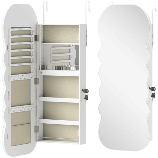 HOMCOM Espelho-Joalheiro com Luz LED de 3 Tons Armário para Joias Montado na Parede ou na Porta Armário com Fechadura Espelho de Corpo Inteiro, Design Ondulado Branco