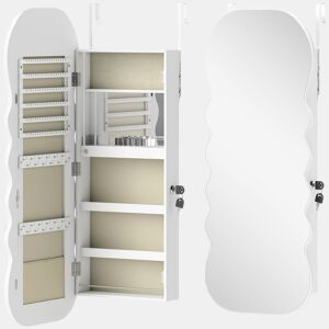 HOMCOM Espelho-Joalheiro com Luz LED de 3 Tons Armário para Joias Montado na Parede ou na Porta Armário com Fechadura Espelho de Corpo Inteiro, Design Ondulado Branco