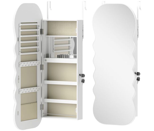 Homcom espejo joyero con luz led de 3 colores, armario joyero montado en la pared o en la puerta, armario para joyas con cerradura, espejo entero, diseño ondulado, blanco