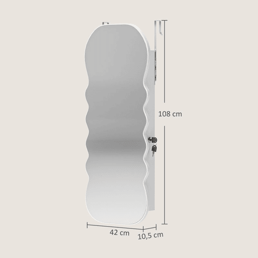 HOMCOM Espelho-Joalheiro com Luz LED de 3 Tons Armário para Joias Montado na Parede ou na Porta Armário com Fechadura Espelho de Corpo Inteiro, Design Ondulado Branco