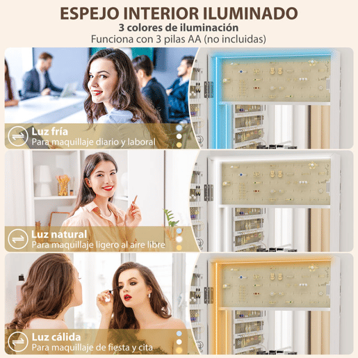 HOMCOM Espelho-Joalheiro com Luz LED de 3 Tons Armário para Joias Montado na Parede ou na Porta Armário com Fechadura Espelho de Corpo Inteiro, Design Ondulado Branco