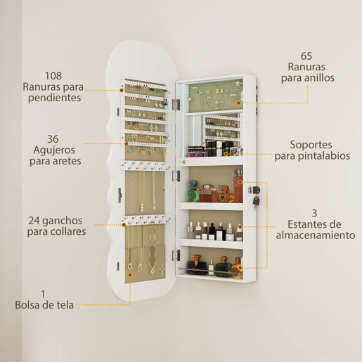 HOMCOM Espelho-Joalheiro com Luz LED de 3 Tons Armário para Joias Montado na Parede ou na Porta Armário com Fechadura Espelho de Corpo Inteiro, Design Ondulado Branco
