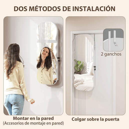 HOMCOM Espelho-Joalheiro com Luz LED de 3 Tons Armário para Joias Montado na Parede ou na Porta Armário com Fechadura Espelho de Corpo Inteiro, Design Ondulado Branco