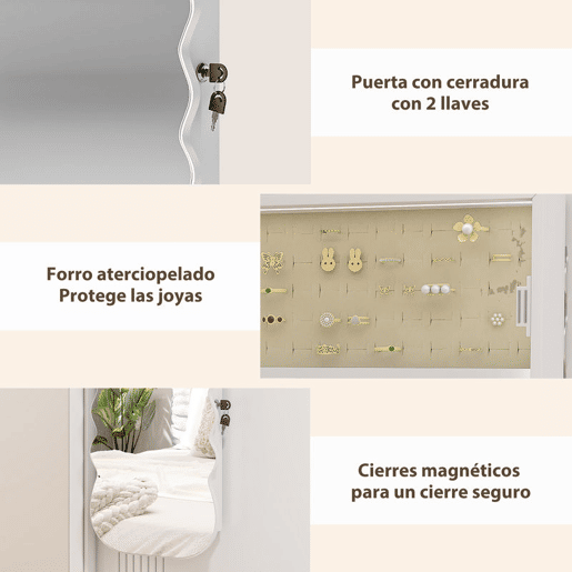 HOMCOM Espelho-Joalheiro com Luz LED de 3 Tons Armário para Joias Montado na Parede ou na Porta Armário com Fechadura Espelho de Corpo Inteiro, Design Ondulado Branco