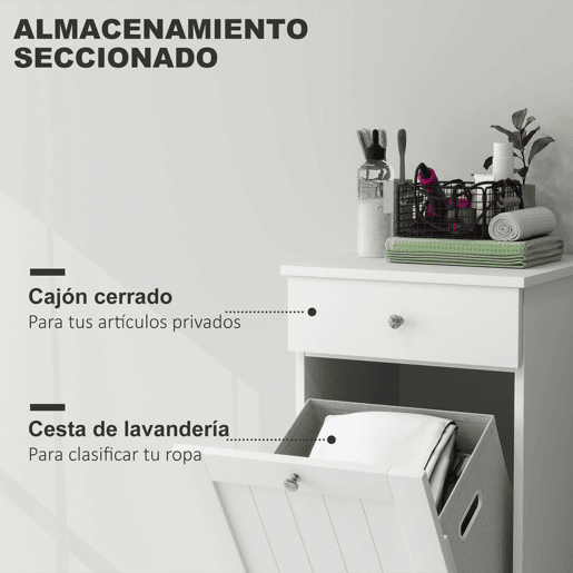 HOMCOM Armário de Casa de Banho com Cesto de Roupa Suja Basculante Móvel para Roupa Suja com Saco de Tecido Dobrável e Gaveta Ideal para Lavandaria 40x38x90 cm Branco