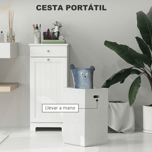 HOMCOM Armário de Casa de Banho com Cesto de Roupa Suja Basculante Móvel para Roupa Suja com Saco de Tecido Dobrável e Gaveta Ideal para Lavandaria 40x38x90 cm Branco
