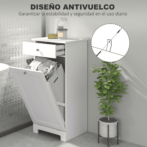 HOMCOM Armário de Casa de Banho com Cesto de Roupa Suja Basculante Móvel para Roupa Suja com Saco de Tecido Dobrável e Gaveta Ideal para Lavandaria 40x38x90 cm Branco