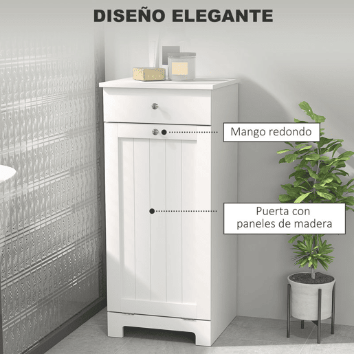 HOMCOM Armário de Casa de Banho com Cesto de Roupa Suja Basculante Móvel para Roupa Suja com Saco de Tecido Dobrável e Gaveta Ideal para Lavandaria 40x38x90 cm Branco