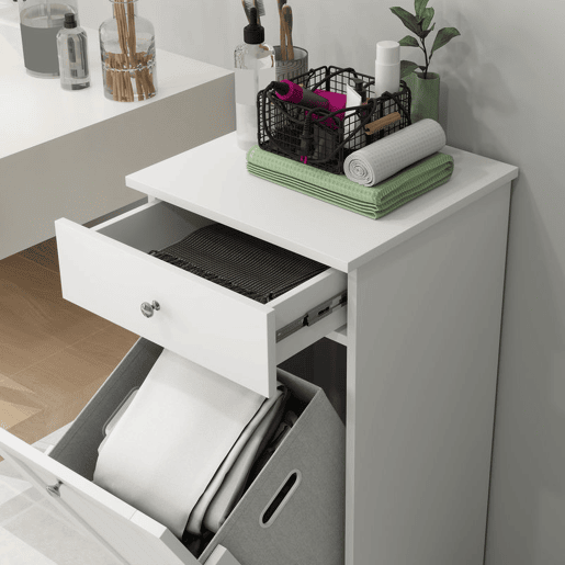 HOMCOM Armário de Casa de Banho com Cesto de Roupa Suja Basculante Móvel para Roupa Suja com Saco de Tecido Dobrável e Gaveta Ideal para Lavandaria 40x38x90 cm Branco