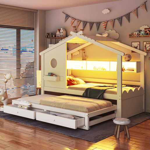 Cama infantil 90x200 - Cama extraível 90x190, design em forma de casa, com duas gavetas, portas de carregamento USB e Type-C, LED, com prateleiras - Branco