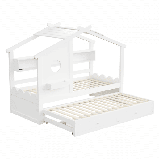 Cama infantil 90x200 - Cama extraível 90x190, design em forma de casa, com duas gavetas, portas de carregamento USB e Type-C, LED, com prateleiras - Branco