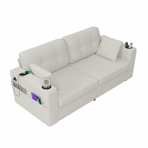 Sofá de 2 lugares - 2 gavetas de arrumação, portas USB, porta-copos e bolsos laterais - Bege