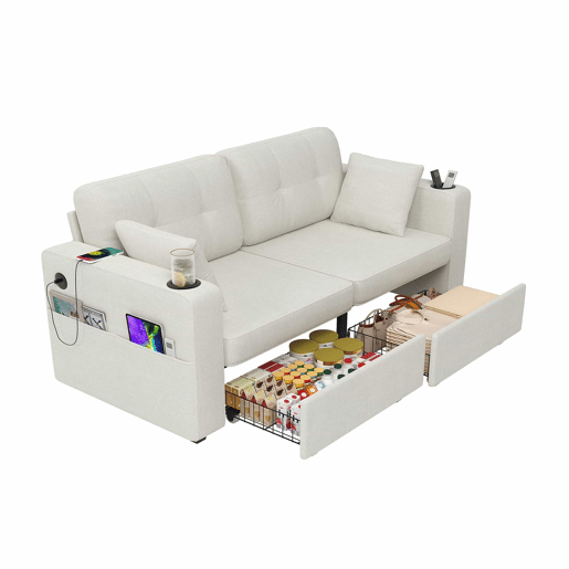 Sofá de 2 lugares - 2 gavetas de arrumação, portas USB, porta-copos e bolsos laterais - Bege