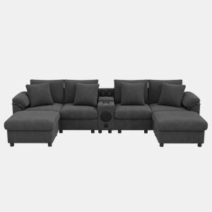 Sofá modular em forma de U e L com 6 lugares u2013 com altifalante Bluetooth, consola, arrumação, carregamento sem fios, portas USB, porta-copos e almofadas u2013 cinzento