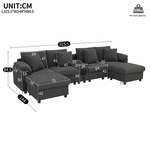 Sofá modular em forma de U e L com 6 lugares u2013 com altifalante Bluetooth, consola, arrumação, carregamento sem fios, portas USB, porta-copos e almofadas u2013 cinzento