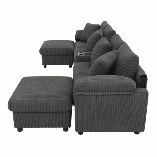 Sofá modular em forma de U e L com 6 lugares u2013 com altifalante Bluetooth, consola, arrumação, carregamento sem fios, portas USB, porta-copos e almofadas u2013 cinzento