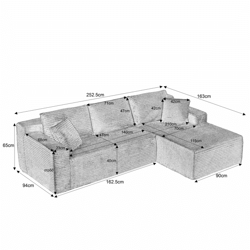Sofá modular em L de 4 lugares - Espuma viscoelástica, com chaise longue extragrande - Preto