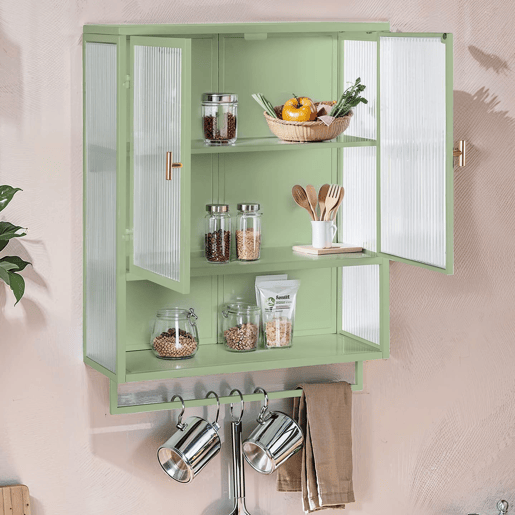 Móvel de parede com portas de vidro 60 cm - Armazenamento fechado em 2 níveis, prateleira aberta, toalheiro - Verde