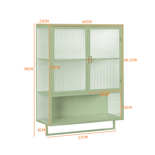 Móvel de parede com portas de vidro 60 cm - Armazenamento fechado em 2 níveis, prateleira aberta, toalheiro - Verde