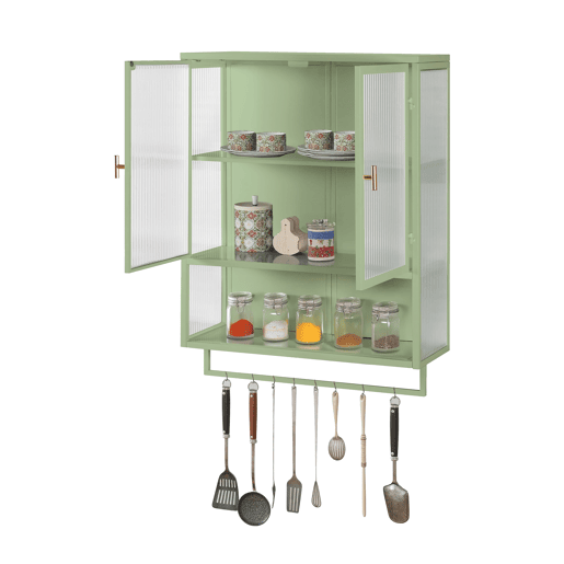 Móvel de parede com portas de vidro 60 cm - Armazenamento fechado em 2 níveis, prateleira aberta, toalheiro - Verde