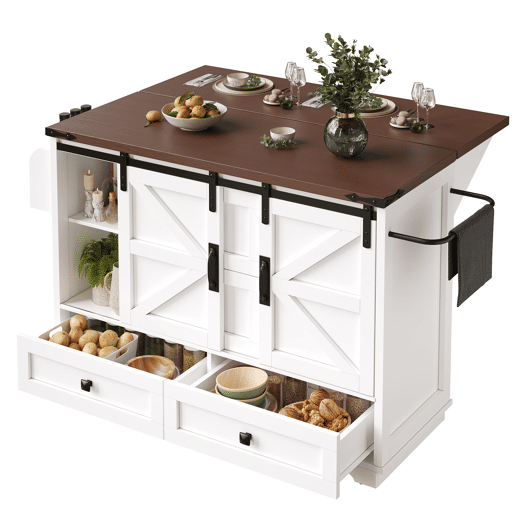Carrinho de cozinha multifuncional - com mesa rebatível, 3 gavetas e 2 portas - Branco
