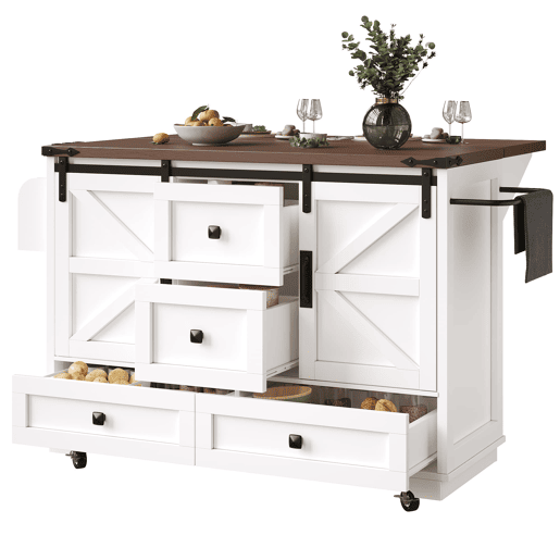 Carrinho de cozinha multifuncional - com mesa rebatível, 3 gavetas e 2 portas - Branco