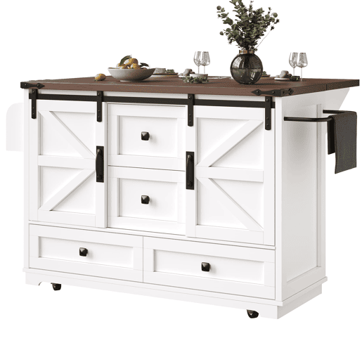 Carrinho de cozinha multifuncional - com mesa rebatível, 3 gavetas e 2 portas - Branco