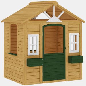 AIYAPLAY Casinha Infantil Exterior e Interior em Madeira Casinha Infantil com 2 Floreiras 3 Janelas Meia Porta Casa de Jardim para Crianças de 3-8 Anos Castanho