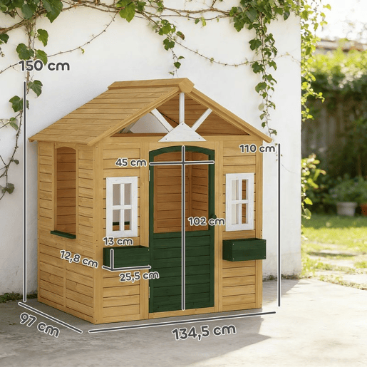 AIYAPLAY Casinha Infantil Exterior e Interior em Madeira Casinha Infantil com 2 Floreiras 3 Janelas Meia Porta Casa de Jardim para Crianças de 3-8 Anos Castanho