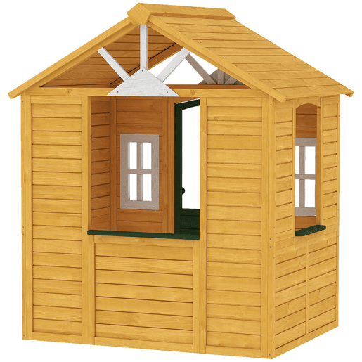 AIYAPLAY Casinha Infantil Exterior e Interior em Madeira Casinha Infantil com 2 Floreiras 3 Janelas Meia Porta Casa de Jardim para Crianças de 3-8 Anos Castanho