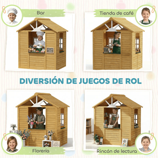AIYAPLAY Casinha Infantil Exterior e Interior em Madeira Casinha Infantil com 2 Floreiras 3 Janelas Meia Porta Casa de Jardim para Crianças de 3-8 Anos Castanho