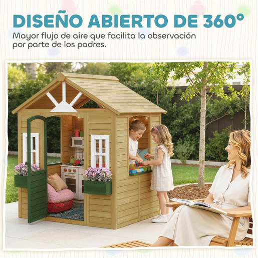 AIYAPLAY Casinha Infantil Exterior e Interior em Madeira Casinha Infantil com 2 Floreiras 3 Janelas Meia Porta Casa de Jardim para Crianças de 3-8 Anos Castanho