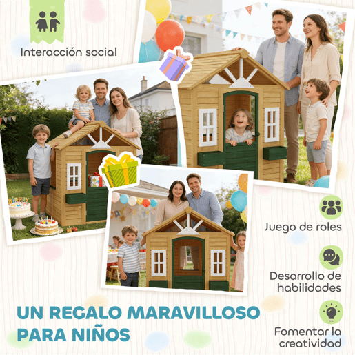 AIYAPLAY Casinha Infantil Exterior e Interior em Madeira Casinha Infantil com 2 Floreiras 3 Janelas Meia Porta Casa de Jardim para Crianças de 3-8 Anos Castanho