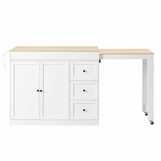 Ilha de cozinha com rodas 130 cm - com mesa extensível, prateleira para especiarias e gavetas, ilha de cozinha móvel independente - Branco
