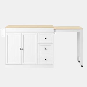 Ilha de cozinha com rodas 130 cm - com mesa extensível, prateleira para especiarias e gavetas, ilha de cozinha móvel independente - Branco