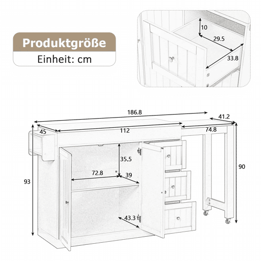 Ilha de cozinha com rodas 130 cm - com mesa extensível, prateleira para especiarias e gavetas, ilha de cozinha móvel independente - Branco