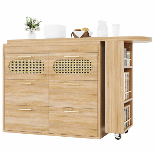 Mesa de bar multifuncional - 6 gavetas, portas em rattan PE, giratória a 360°, com fecho de segurança, amplo espaço de arrumação, puxadores em metal - Natural Mesa de bar multifuncional - 6 gavetas, portas em rattan PE, giratória a 360°, com fecho de segurança, amplo espaço de arrumação, puxadores em metal - Natural