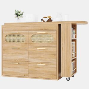 Mesa de bar multifuncional - 6 gavetas, portas em rattan PE, giratória a 360°, com fecho de segurança, amplo espaço de arrumação, puxadores em metal - Natural