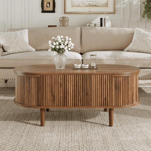Mesa de centro oval - com altura ajustável, com espaço de arrumação, estilo vintage, multifuncional, com pernas em madeira maciça - nogueira