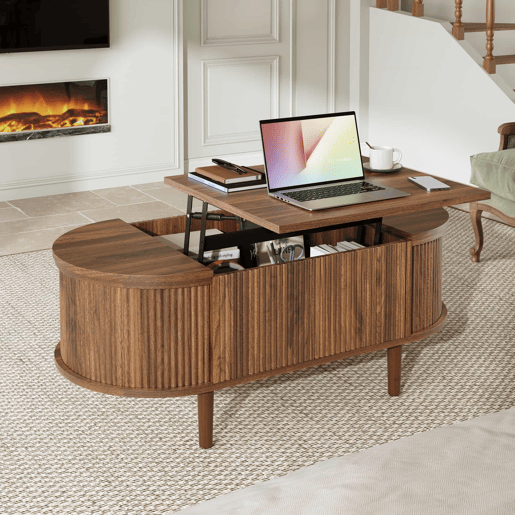Mesa de centro oval - com altura ajustável, com espaço de arrumação, estilo vintage, multifuncional, com pernas em madeira maciça - nogueira
