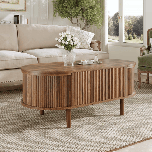 Mesa de centro oval - com altura ajustável, com espaço de arrumação, estilo vintage, multifuncional, com pernas em madeira maciça - nogueira