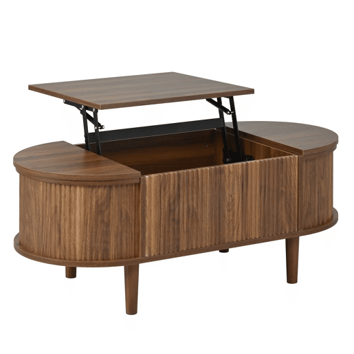 Mesa de centro oval - com altura ajustável, com espaço de arrumação, estilo vintage, multifuncional, com pernas em madeira maciça - nogueira