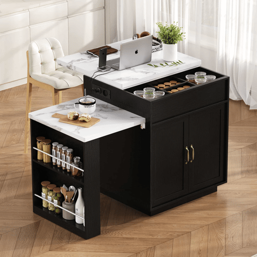 Ilha de cozinha multifuncional - com rodas, mesa extensível com iluminação LED e tomadas - preta