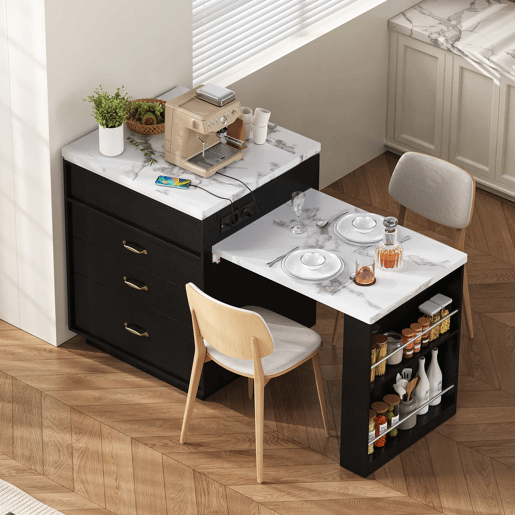 Ilha de cozinha multifuncional - com rodas, mesa extensível com iluminação LED e tomadas - preta