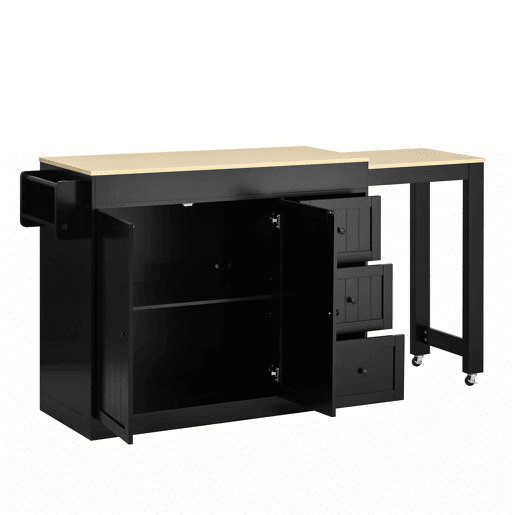 Ilha de cozinha 130 cm - com rodas, área de jantar extensível, prateleira para especiarias e gavetas, ilha de cozinha móvel independente - Preto