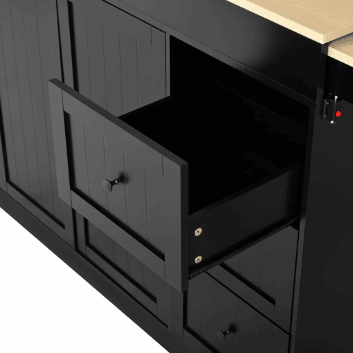 Ilha de cozinha 130 cm - com rodas, área de jantar extensível, prateleira para especiarias e gavetas, ilha de cozinha móvel independente - Preto