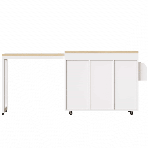 Mesa de bar extensível - carrinho de cozinha com rodas, organizador giratório a 360°, prateleiras ajustáveis e toalheiro - branco